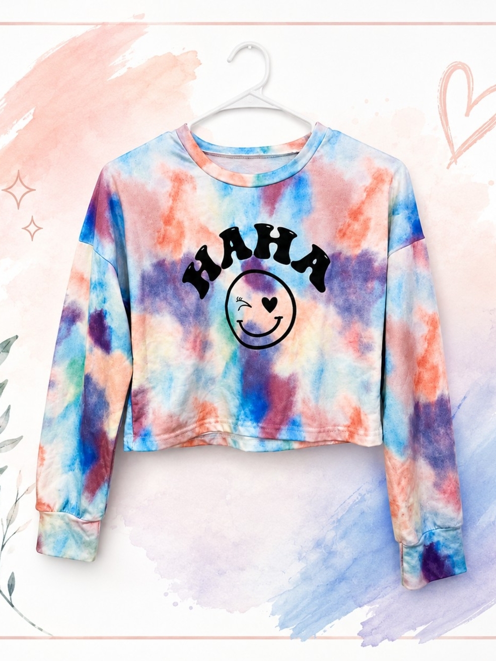 Girls' Multicolor Tie-Dye Cropped Sweatshirt with Smiley Graphic